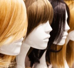 Multi Colored,wigs,are,worn,on,the,heads,of,mannequins.